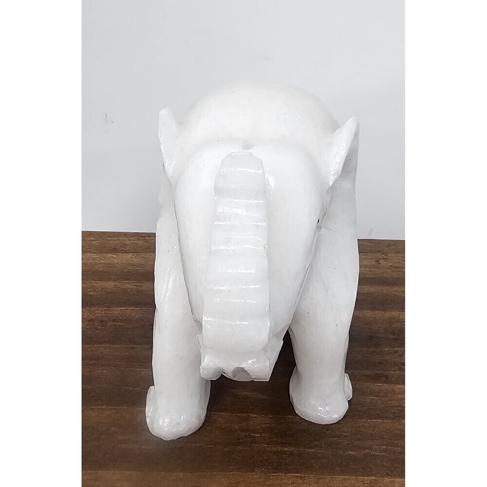 Hand Carved Natural White Stone Elephant Figurine Statue Trunk Up Good Luck 3.5" - Picture 2 of 7